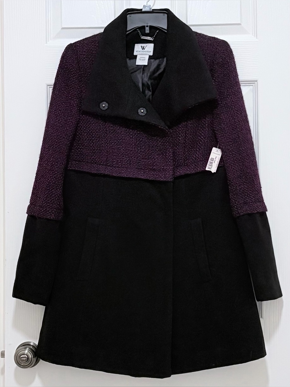 Worthington Colorblock Tweed Funnel Neck Wool Blend Coat Black & Purple Medium